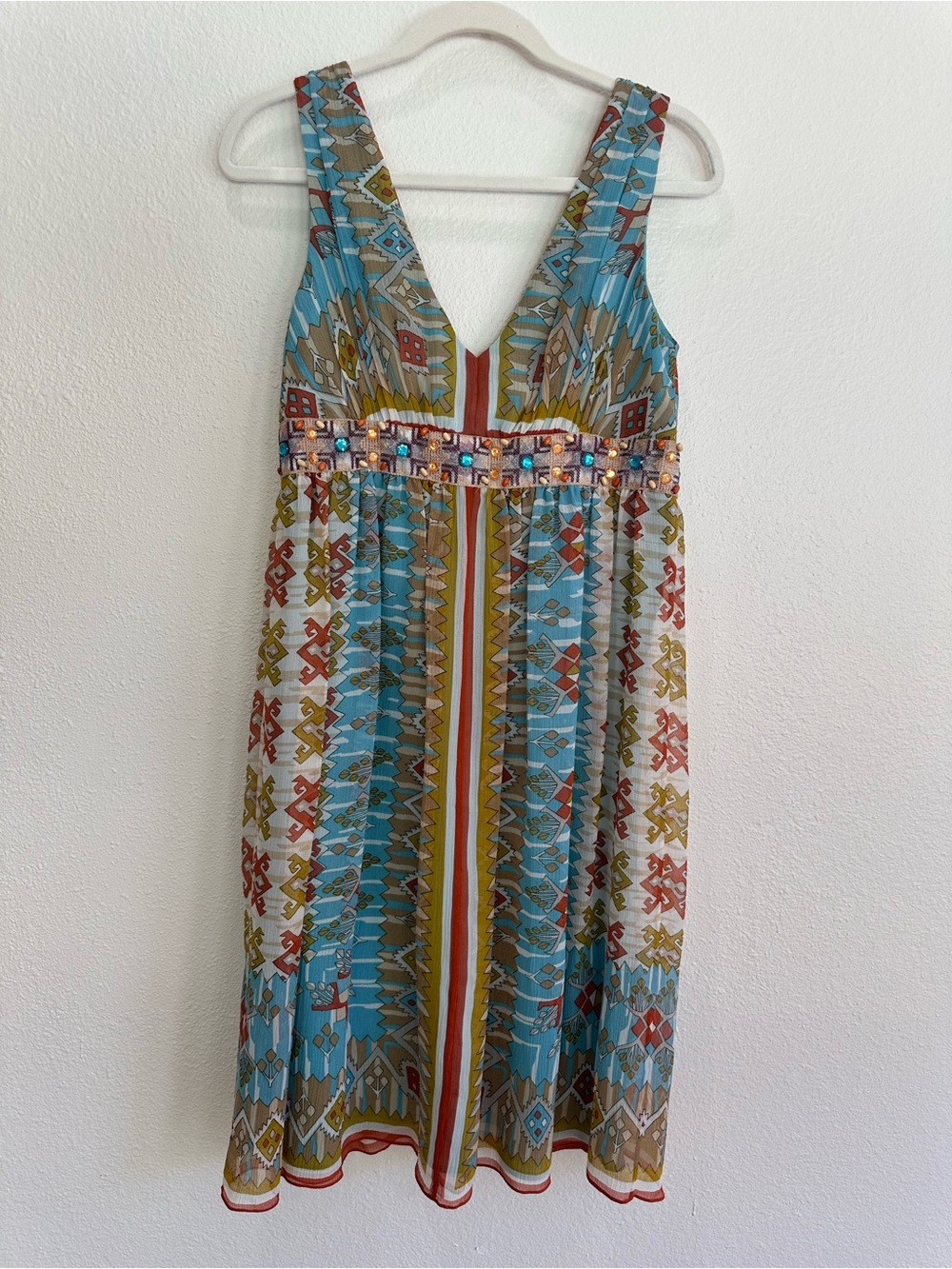 Nicole Miller Turquoise 100 % Silk Multi-Color Beaded Waist V-Neck Midi Dress 8